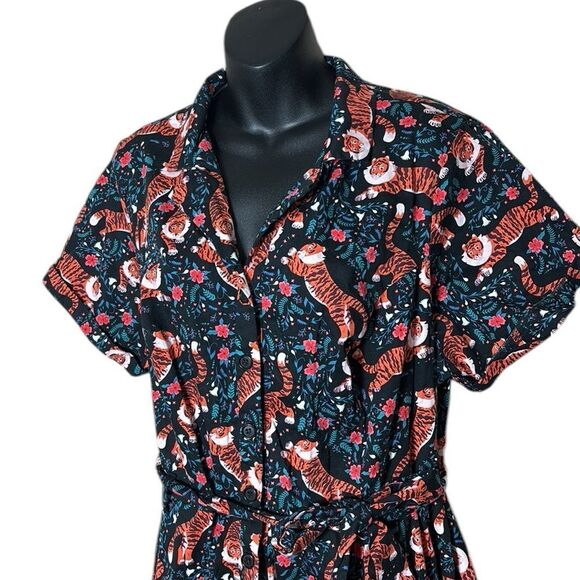 Eva rose vintage 1950s style floral tiger button up belted fit flare dress 3x - Picture 2 of 5
